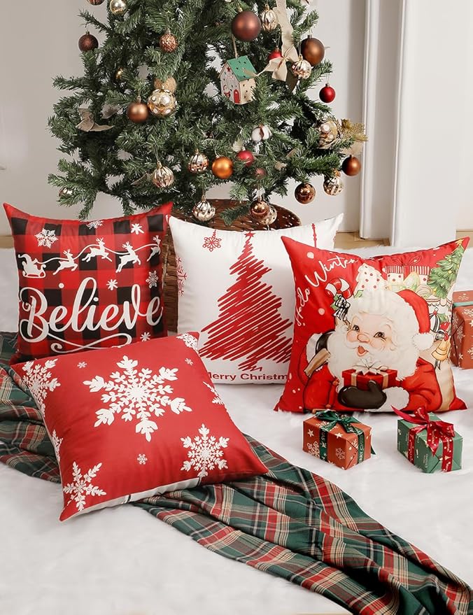 TOYPOPOR Christmas Decorations, Double Sided Throw Pillow Covers 16x16 Inches Set of 4, Christmas Tree, Snowflakes, Merry Christmas, Snowman Reindeer Cushion Case for Farmhouse Home Holiday Decor