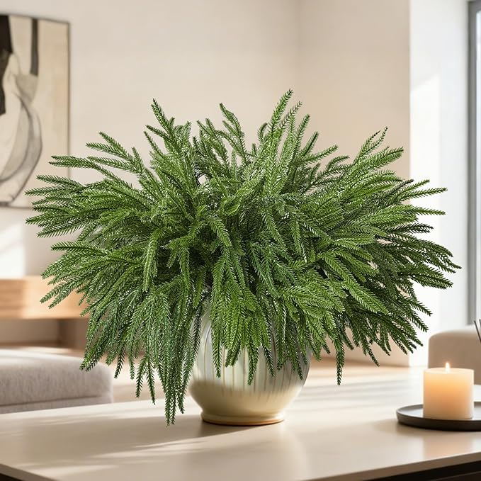 18 Pcs Real Touch Norfolk Pine Branches,Artificial Christmas Green Faux Cedar Norfolk Pine Stems Fake Greenery Pine Picks for Vase DIY Garland Wreath Xmas Indoor Outdoor Home Decoration (18 Inches)