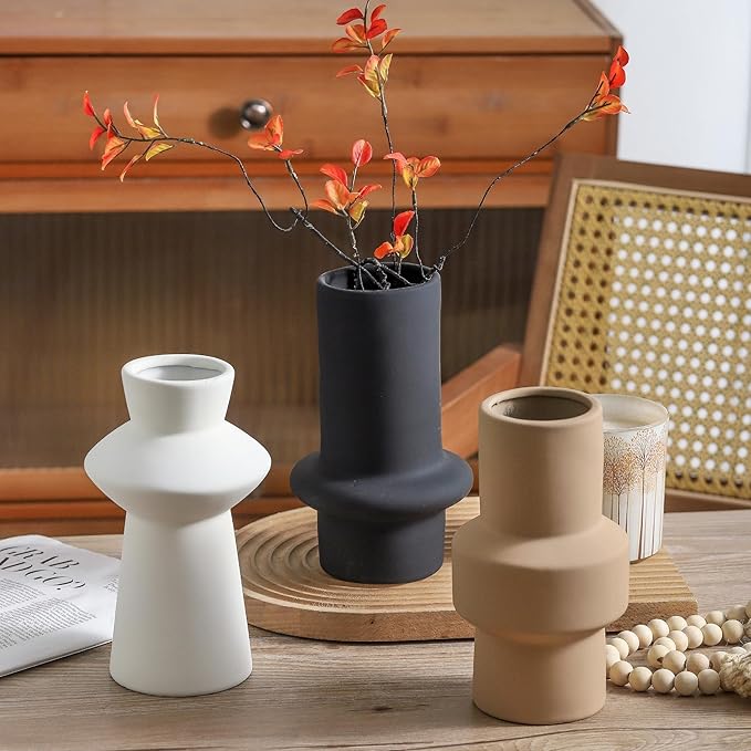 Modern Ceramic Vase Set of 3, 8 inch Simple Geometric Lines Vase for Pampas Grass Dried Fresh Flowers, Home Decor, Bedroom, Living Room, Bookshelf Decoration, Neutral Minimalist Nordic Style