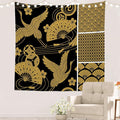 Batmerry Black Oriental Tapestry,Gold Japanese Fan Wall Art Hanging Decoration Polyester Fiber White Ruffled Around for Dorm Room Bedroom Living Room, 59.1x59.1 inches