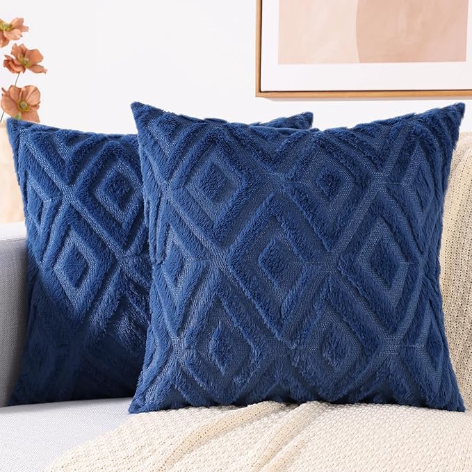 decorUhome Couch Throw Pillow Covers 22x22 Set of 2, Decorative Soft Plush Faux Wool Neutral Accent Pillow Covers for Bed Sofa Living Room, Blue