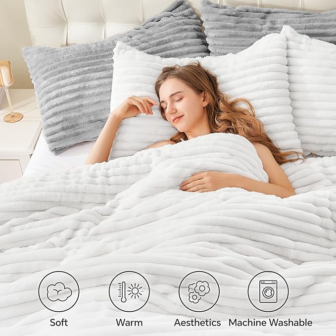BEDELITE Fleece King Comforter Set -Super Soft & Warm Fluffy Bright White Bedding, Luxury Fuzzy Heavy Bed Set for Winter with 2 Pillow Cases