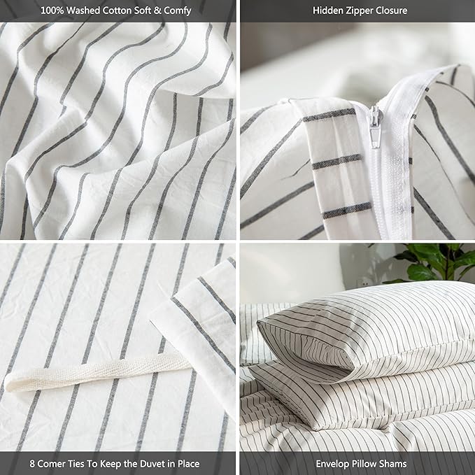 MooMee Striped Duvet Cover Set 100% Washed Cotton Linen Like Textured Breathable Durable Soft Comfy (White Dark Grey Wide Stripes, Queen 90"x90")