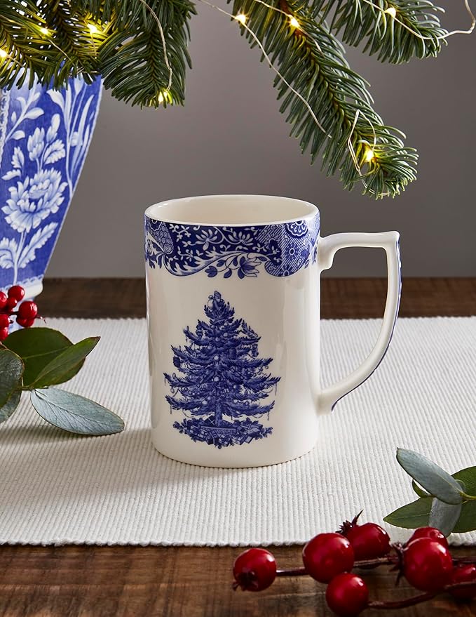 Spode Blue Italian Christmas Mug, 12oz - Elegant Holiday Drinkware with Iconic Christmas Tree Motif, Dishwasher & Microwave Safe Festive Mug for Hot Cocoa, Tea, Coffee Lovers - Ideal for Bar Cart