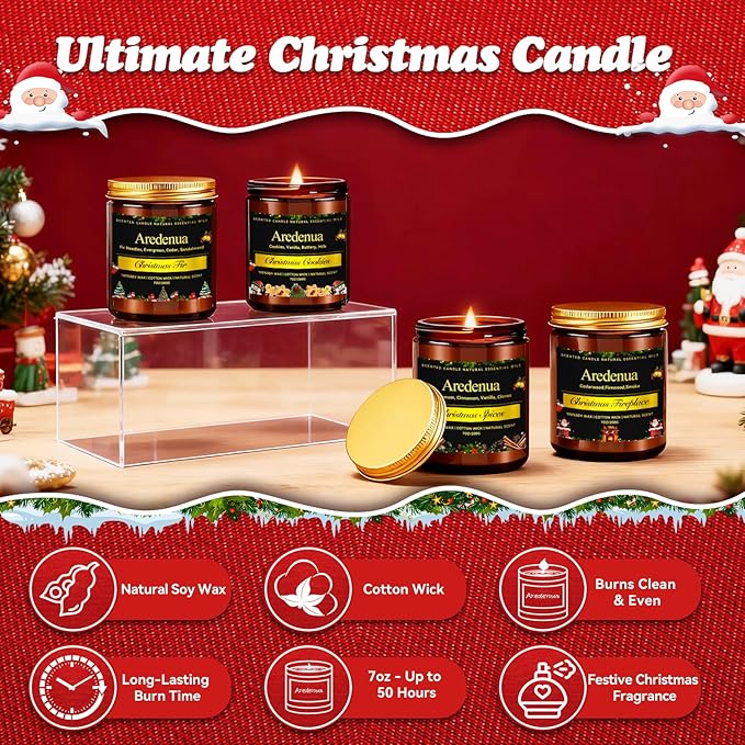 Christmas Candles Set | 4 Pack Winter Holiday Scented Candles, Soy Candles for Home Scented - Xmas Candle Gifts for Women and Men - Scents of Christmas Fir/Spices/Cookies/Fireplace