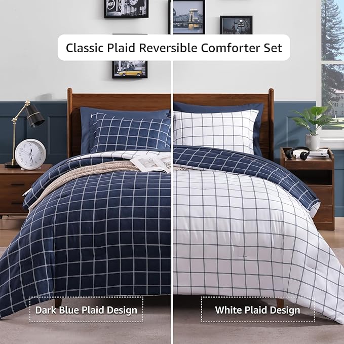 Plaid Queen Size Comforter Set Dark Blue, Reversible Checkered Bedding Set 7 Pieces for Boys Girls Teen, Lightweight All Season Bed in a Bag with Sheets, Pillowcases & Shams