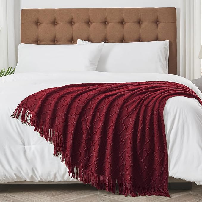 inhand Knitted Throw Blankets for Couch and Bed, Soft Cozy Knit Blanket with Tassel, Claret Lightweight Decorative Blankets and Throws, Farmhouse Warm Woven Blanket for Men and Women, 60"x80"