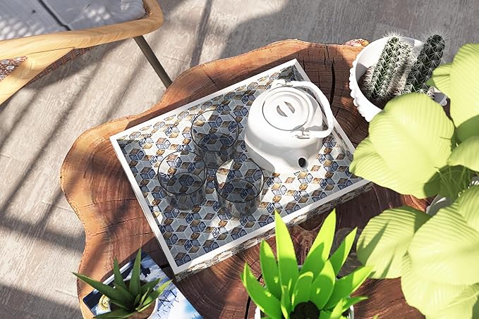 PEMAR Rectangular Mother of Pearl Serving Tray Coffee Table Ottoman Tray w Insert Handles, Luxury Decorative Handmade Eating Tray (Geometric Cube Pattern)
