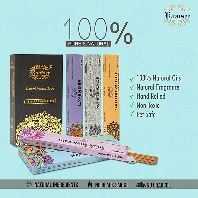Raajsee Natural Incense Sticks,6 Pack Mixed Scents Gift Pack 15 gm Each (90 gm Total), Insense Sticks Variety Pack, 100% Organic Non Toxic Natural - Hand Rolled Free from Chemicals