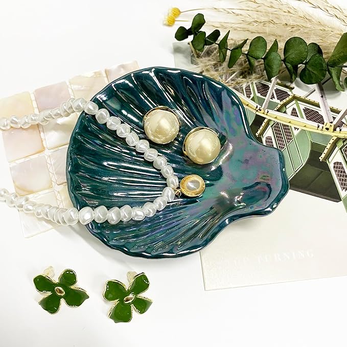 Seashell Trinket Tray, Ceramic Ring Holder Dish for Earrings Ring Necklace, Shell Shape Jewelry Dish Trinket Tray, Ocean Room Decor, 3.9", Deep Teal Iridescent Surface