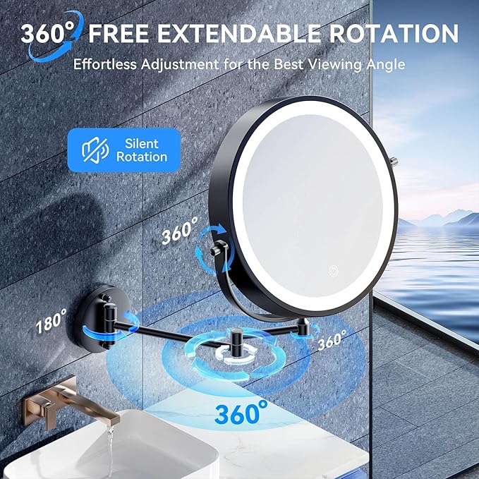 10'' 30X/1X Wall Mounted Lighted Makeup Mirror, 5000mAh Rechargeable Double-Sided Magnifying Mirror with Light, LED Vanity Mirror Touch Dimmable 3 Colors 360° Rotation Extended Foldable Arm, Black