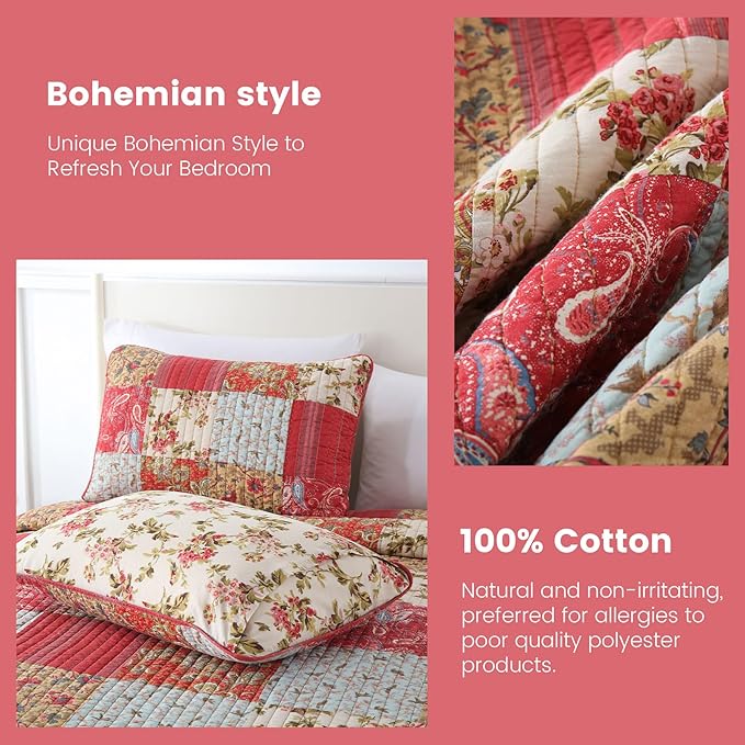 Secgo King Size Comforter Set- 100% Cotton Quilt King Size Set, Green, Sage bedspreads (96 * 108 Inch) with 2 Pillow Shams, Patchwork Reversible Lightweight Bedding