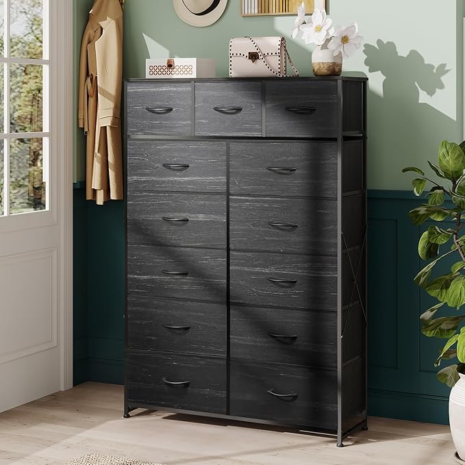 WLIVE Storage Organizer Unit with 13 Fabric Bins, Storage Drawers Organizer with Steel Frame, Tall Storage Tower Organizaton for Living Room, Hallway, Office, Charcoal Black Wood Grain Print