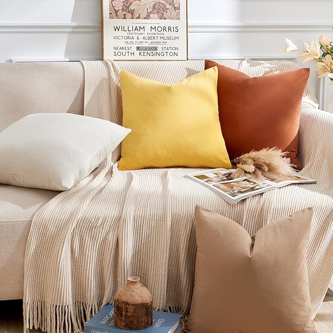 Throw Pillow Covers Yellow Set of 2 16x16 Inch Pillow Covers, Soft Velvet Fall Decorative Cases for Couch Sofa Bed, Home Boho Decor, Modern Farmhouse Cushion Covers