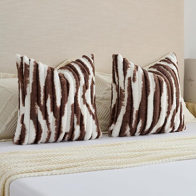 FUTEI Dark Coffee Decorative Throw Pillow Covers 22x22 Inch Set of 2, Soft Tie-Dye Faux Rabbit Fur Striped Texture Cushion Case, Modern Home Decor for Couch Bed Living Room