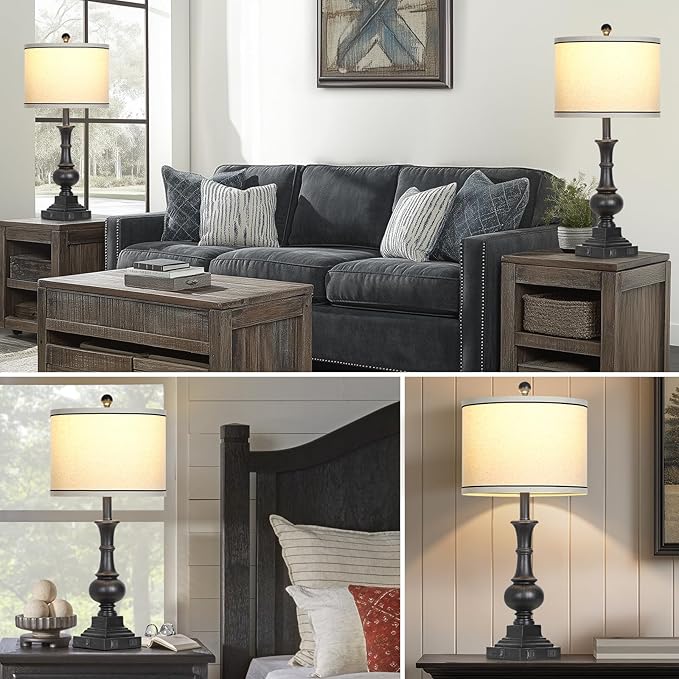 Farmhouse Lamps Set of 2, Vintage Rustic Black Table Lamps with USB A+C Fast Ports & AC Outlets, Traditional Nightstand Bedside Lamp for Living Room Bedrooms Home Office(2 LED Bulbs Included)