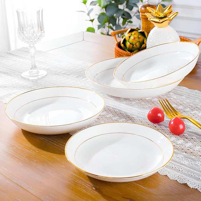 8 Inch Ceramic Dinner Plate with Gold Rim, Elegant White Porcelain Dinnerware for Pasta, Salad, Dessert, Dishwasher Safe, Wedding & Party Tableware - Set of 2