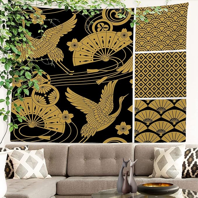 Batmerry Black Oriental Tapestry, Gold Japanese Fan Wall Art Hanging Decoration Polyester Fiber White Ruffled Around for Dorm Room Bedroom Living Room, 59.1x82.7 inches