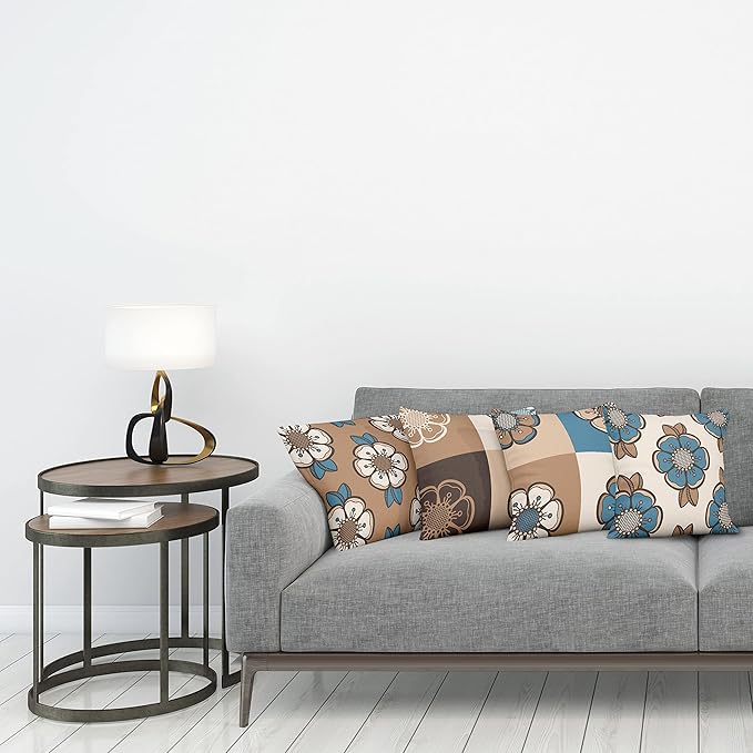 Ambesonne Retro Throw Pillow Cushion Case Pack of 4, Nostalgic Flower Petals Spring Vibes on Earthy Colors Mosaic Tile Themed, Modern Accent Double-Sided Digital Printing, 20", Sea Blue Umber and Tan