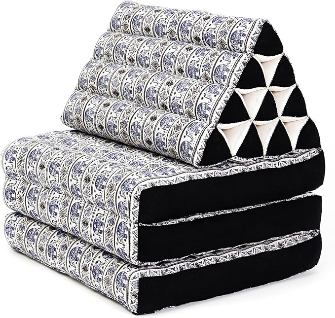Leewadee - Comfortable Japanese Floor Mattress - Thai Floor Bed with Triangle Cushion - Futon Mattress - Thai Massage Mat, 67 x 21 inches, Blue White, Kapok Filling