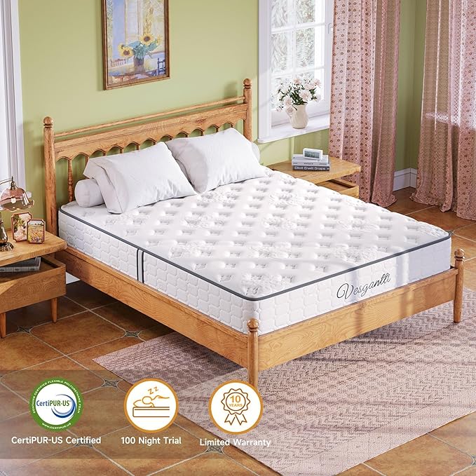 Vesgantti Twin Mattress, 10 Inch Innerspring Hybrid Single Bed Mattress in a Box with Breathable Foam and Pocket Spring, Ergonomic Design, Medium Firm Feel