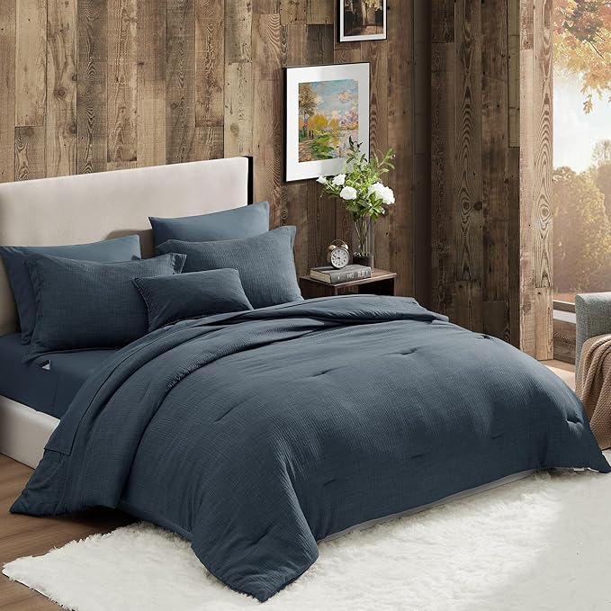 Geniospin King Size Comforter Set- 7 Piece Navy Blue Textured King Bedding Set, Soft Solid Bed in a Bag for All Season, King Comforter Set with Sheets(Navy Blue,102''x90'')