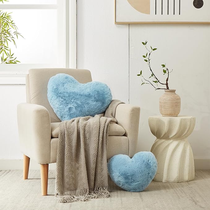 YRXRUS Heart Pillows, Love Heart Shaped Pillow, Small Cute Blue Heart Pillows for Gifts, Faux Rabbit Throw Pillows for Her, Kids, Girls Home Decoration, 10X11 Inch