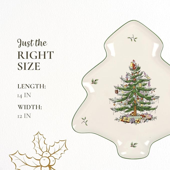 Spode Christmas Tree Holiday Platter - 14-Inch Tree-Shaped Serving Plate, Fine Porcelain Holiday Tableware - Festive Party Server, Seasonal Decor - Christmas Dinnerware