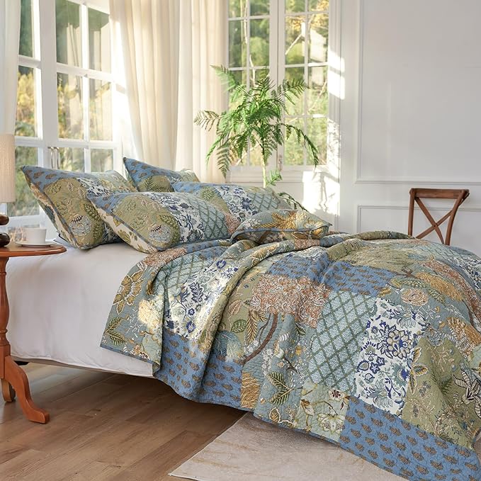 Secgo California King Quilt Size - 100% Cotton Oversized California Comforter Set Green Bedding Sets (120 * 110 Inch) with 2 Pillow Shams, Patchwork Reversible Lightweight Bedspread