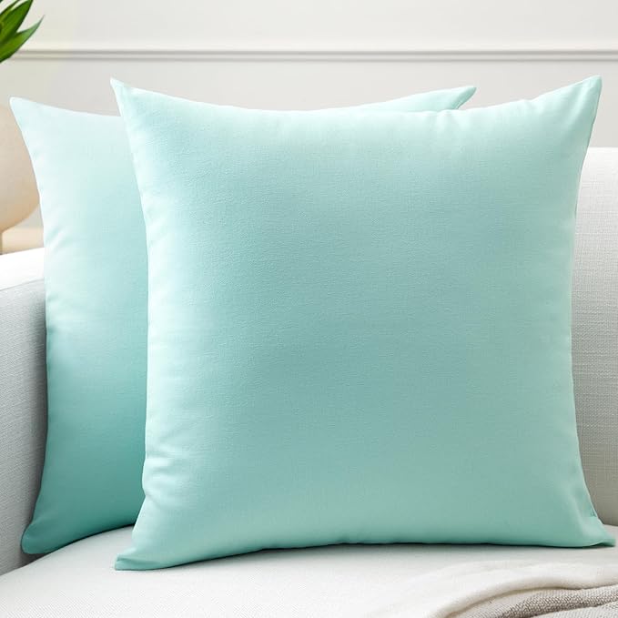 Encasa XO Throw Pillow Covers 18x18 in Set of 2 Egg Blue | No Inserts | Cotton Pillow Covers for Living Room, Bed, Sofa, Couch | Decorative Cushion Covers with Improved Zippers