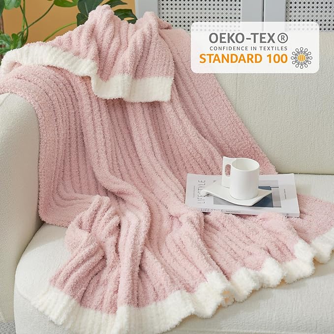 Snuggle Sac Pink Throw Blanket for Couch, Soft Cozy Ribbed Fluffy Blankets for Women, Warm Microfiber Knit Cute Throws for Girls Daughter Women Gifts for Mom, Pink, 50x60 inches