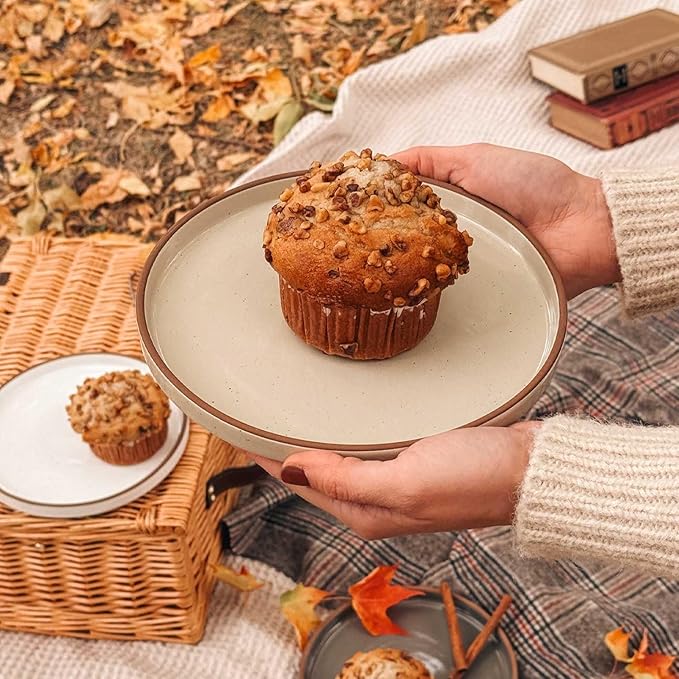 Mora Ceramic Flat Plates Set of 6-8 in - The Dessert, Salad, Appetizer, Small Lunch, etc Plate. Microwave, Oven, and Dishwasher Safe, Scratch Resistant. Kitchen Porcelain Dish - Neutrals
