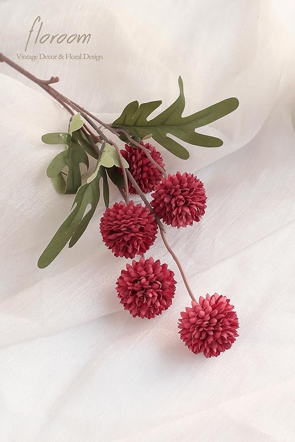 Floroom 5pcs Dark Red Faux Silk Mums Artificial Flowers, Bulk Fake Small Mini Chrysanthemums with Stems for DIY Wedding Centerpieces Floral Arrangements Vase Fillers Home Decorations