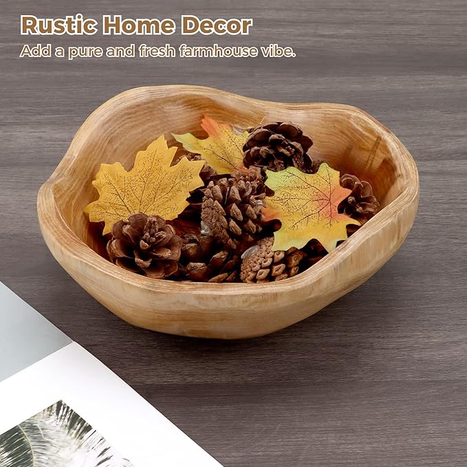 Varku 2PCS Decorative Wooden Bowls, Wood Fruit Bowls for Serving Fruits Candy Desserts, Creative Handmade Natural Wooden Pans, Rustic Wood Pans for Home Decor