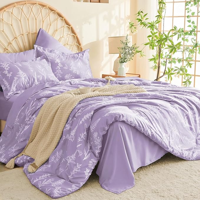 MUXHOMO Lavender Purple Bed in a Bag King 7 Pieces, King Comforter Set Reversible Botanical Flowers Design, Ultra Soft & Breathable Bedding Sets with Comforter, Sheets, Pillowcases & Shams