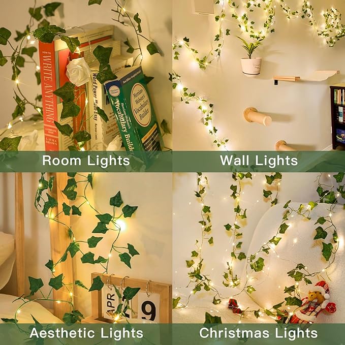 suddus Vine with Fairy Lights Battery Operated, 13.1ft 40 LED Ivy String Light with Remote, Leaf Lights for Bedroom, Room, Wall, Garden, Party, Wedding Decor (Warm White)