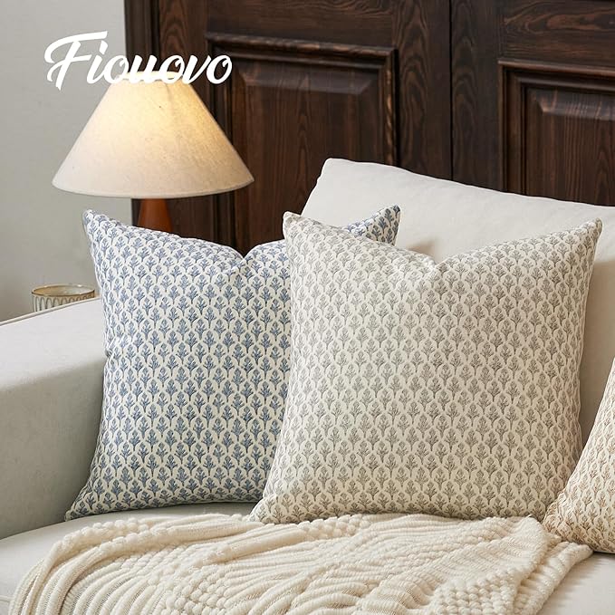 Floral Pillow Covers 24x24 Pillow Cover Block Print Couch Pillows for Living Room Decorative Neutral Accent Throw Pillow Covers, 1PC, Aqua Blue