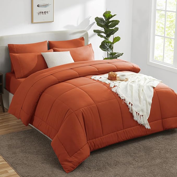 CozyLux King Size Comforter Set Terracotta, 7 Pieces Bed in a Bag, Burnt Orange Fall Comforter King Size, All Season Bedding Sets with Stitch Quilted Comforter, Flat Sheet, Fitted Sheet, Pillowcases