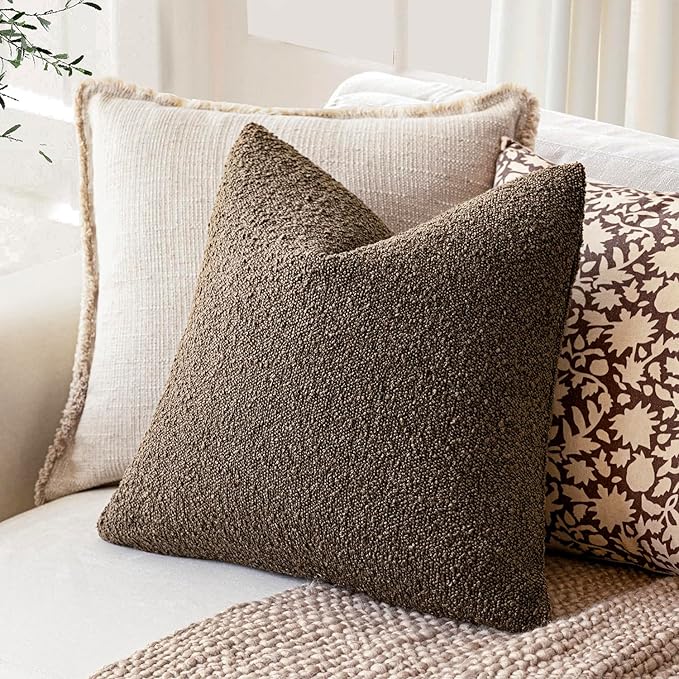 Foindtower Decorative Textured Boucle Throw Pillow Covers Accent Solid Pillow Cases Neutral Soft Cozy Couch Cushion Case for Chair Sofa Bedroom Living Room Home Decor 26x26 Inch,1PC,Light Brown