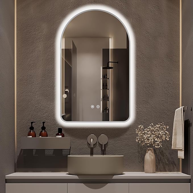 Arched LED Bathroom Mirror, 36"x24" Silver Framed Arch Backlit Mirror with Lights, Lighted Vanity Mirror for Wall, Anti-Fog, 3 Colors, Dimmable, Adjustable Brightness, Waterproof, UL Listed