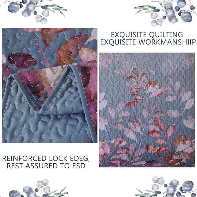 WONGS BEDDING 3 Pieces Quilt Set Queen Size, Blue-Purple Floral Bedspread Coverlet Set, Soft Microfiber Lightweight Floral Bedding Set King 104"×90"