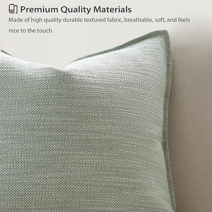 Meekio Set of 4 Ivory Beige and Sage Pillow Covers 18x18, Linen Look Throw Pillow Covers with Flange Edge for Sofa Couch Living Décor