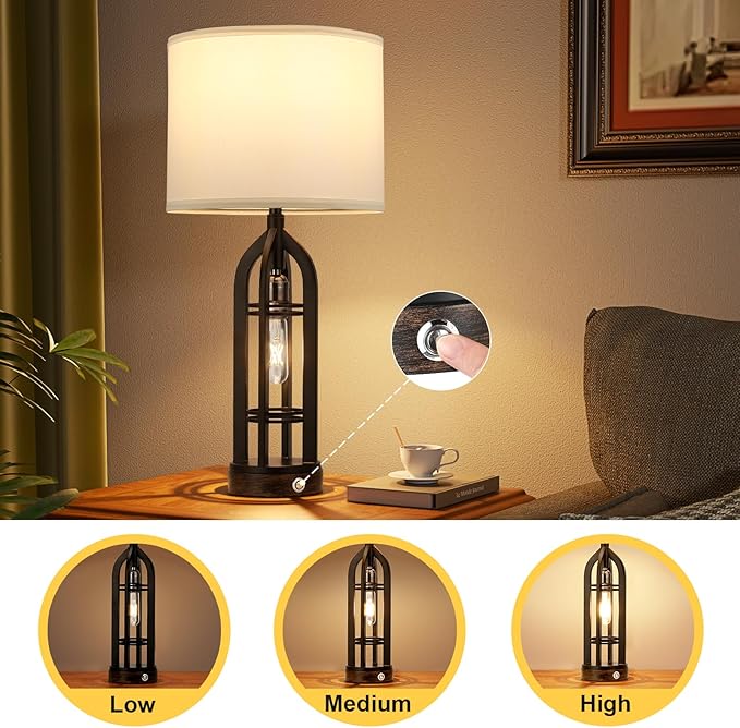 Seealle Table Lamp for Living Room Set of 2 - Bedside Lamp for Bedroom with USB C+A & Outlet, Farmhouse Lamps for Night Stands, 3-Way Dimmable Touch Lamps for Living Room with White Shade