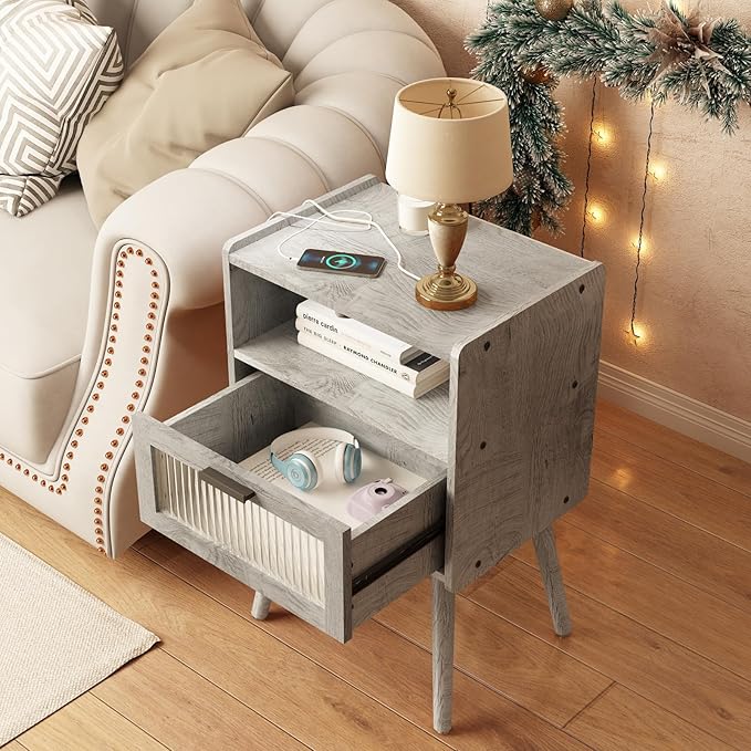 SOOWERY Mid Century Modern Nightstand with Charging Station, Bedside Tables with Acrylic Drawer, End Table Side Table with 2 Tiers Storage Space, for Bedroom, Living Room, Light Grey
