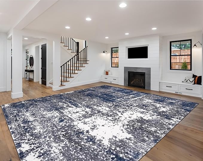 Keen Home Design Area Rugs - 9x12 Non-Shedding, Abstract Rugs for Kitchen, Living Room, Bedroom, Dining Room, Entryway - Size: 9'2" x 11'11", Navy/Grey/White