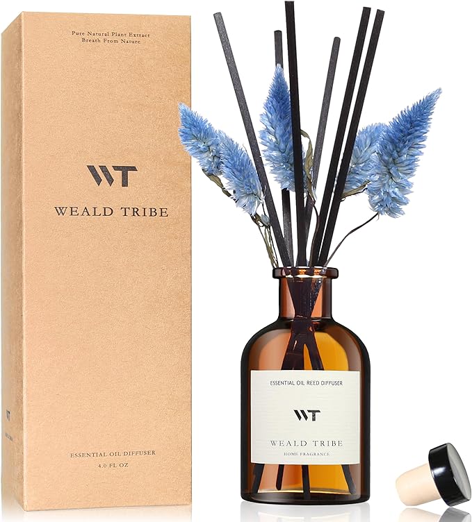 WEALD TRIBE Reed Diffuser Set for Bathroom Air Fresheners, Oil Diffuser Sticks | Sage & Sea Salt Scent 4.0 fl oz Home Fragrance with Sticks Defusers | House Bedroom Office Shelf Decor