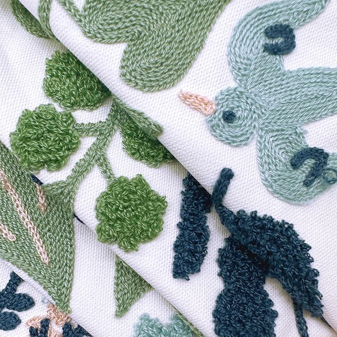 Alysheer Floral Embroidered Summer Decorative Throw Pillow Covers 20"x 20" Set of 2, Farmhouse Cottage Navy Blue Green Flowers Leaves Knit Pattern Cotton Canvas Cushion Case for Couch Bed Living Room