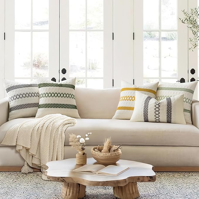 MIULEE Set of 2 Moss Green Boho Decorative Pillow Covers 18x18 Inch Farmhouse Rustic Couch Throw Pillows Modern Summer Cotton Cushion Covers Retro Cute Macrame Woven Home Decor for Bed Sofa Chair