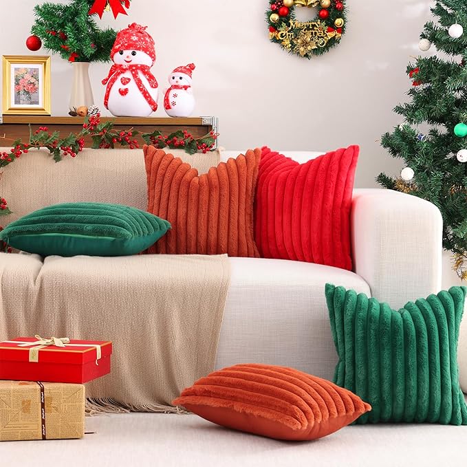 Pallene Faux Fur Plush Christmas Throw Pillow Covers 26x26 Set of 2, Luxury Soft Fluffy Striped Decorative Pillow Covers for Sofa, Couch, Living Room, Christmas Green