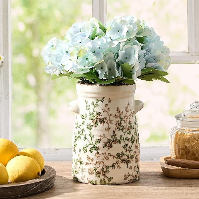 SIDUCAL Ceramic Green and Beige Retro Vase with Two-Ear, 7.6 Inch Ice Cracked Vintage Pastoral Vase, Rustic Farmhouse Vases for Home Decor, Table, Living Room, Shelf Decor, Chinoiserie Decor